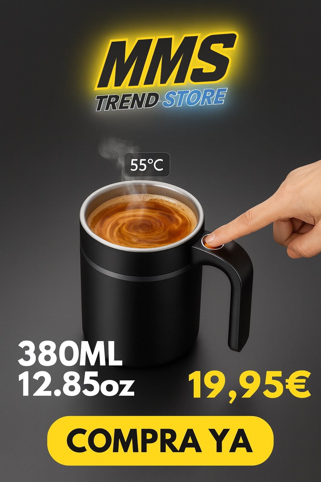 Taza eléctrica automática de 380 ml con mezclador, pantalla de temperatura y carga USB – IP67