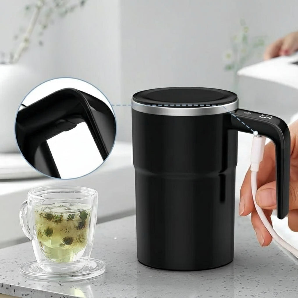 Taza eléctrica automática de 380 ml con mezclador, pantalla de temperatura y carga USB – IP67