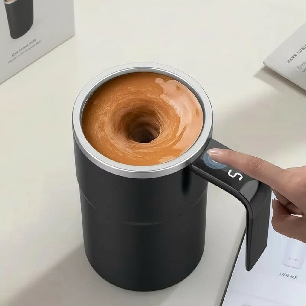 Taza eléctrica automática de 380 ml con mezclador, pantalla de temperatura y carga USB – IP67
