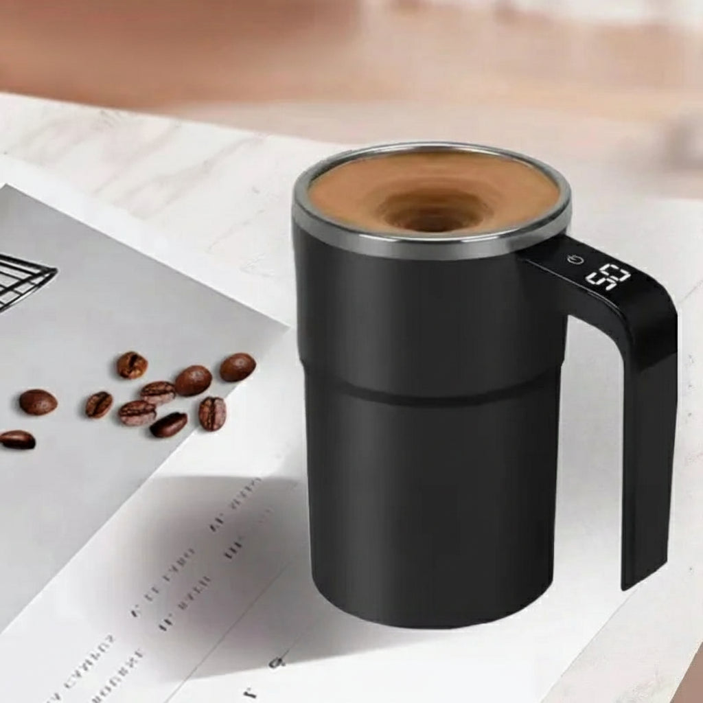 Taza eléctrica automática de 380 ml con mezclador, pantalla de temperatura y carga USB – IP67