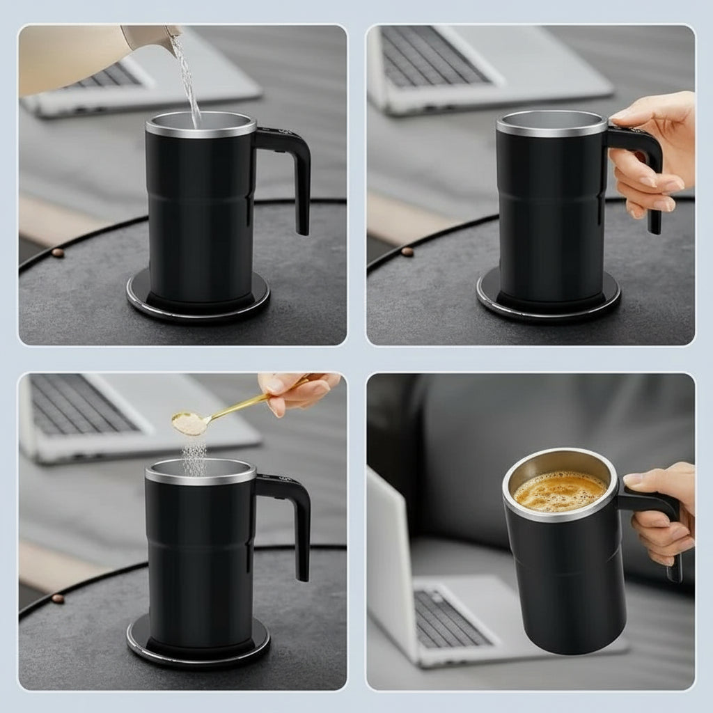 Taza eléctrica automática de 380 ml con mezclador, pantalla de temperatura y carga USB – IP67