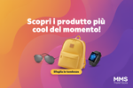 Create a colorful and modern promotional image for MMS Trend Store.
Use a vibrant orange–pink–purple gradient background and include the text:
“Scopri i prodotti più cool del momento!”
Show trendy lifestyle items like black sunglasses, a yellow backpack, and a smartwatch.
Add a yellow button that says “Sfoglia le tendenze” and place the MMS Trend Store logo in the bottom right corner.
The composition should be horizontal, well-centered, and optimized for Shopify social and SEO preview (no cropped text).