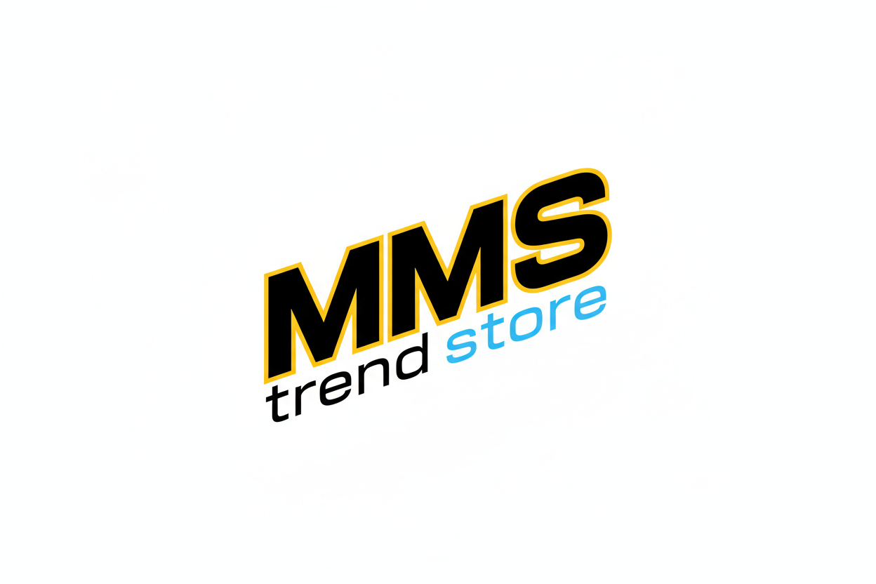 logo MMS in nero bordato di giallo inclinato in avanti sotto trend store con trend nero e store azzurro piu piccoli e inclinati in avanti